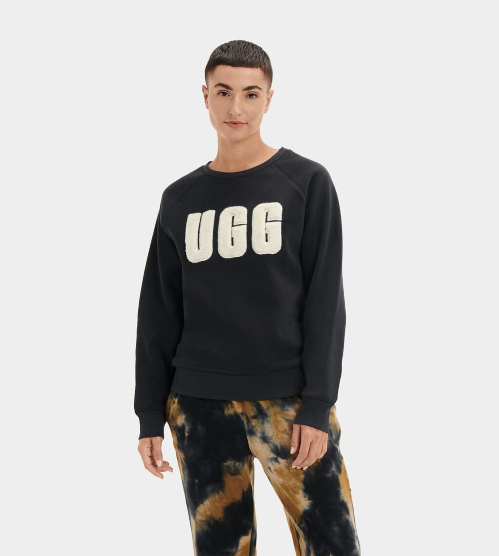 Ugg Sweatshirt Womens - Ugg Madeline Fuzzy Logo Crewneck Black - 479OWSZMC